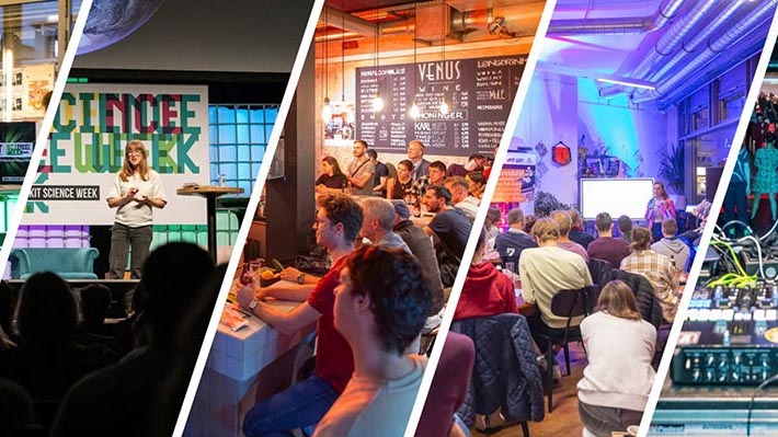 Vorträge, Publikum und Technik bei einer KIT Science-Week-Veranstaltung in unterschiedlichen Settings.