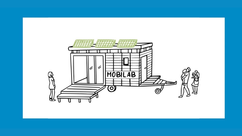 Zeichnung eines mobilen Labors mit Solarpaneelen und drei Personen in der Nähe.