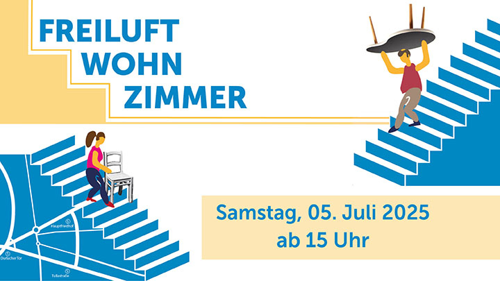 Freiluft-Wohnzimmer, Samstag, 5. Juli 2025, ab 15 Uhr. Menschen tragen Möbel.
